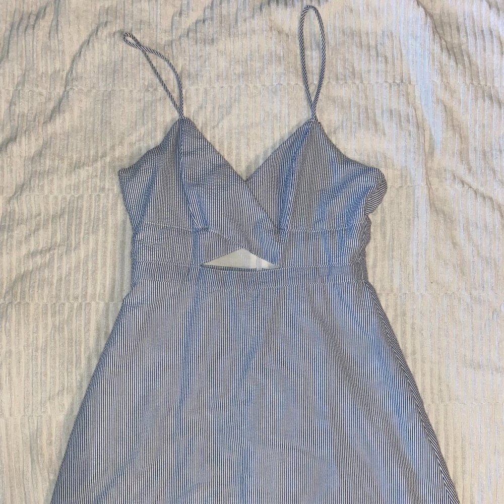 Blue and White Stripe Mini Dress with Key-Hole